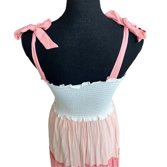 Women’s Tiered Color Block Smocked Maxi Dress-Tie Sleeves-See Description on SZ - Picture 12 of 16